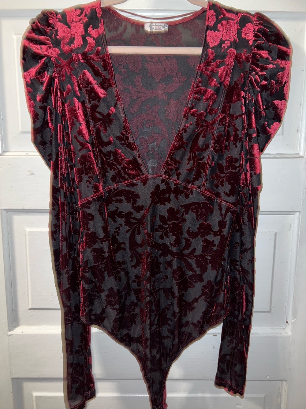 Free People Velvet Burnout Floral V‑Neck Bodysuit in Deep Ruby and Black